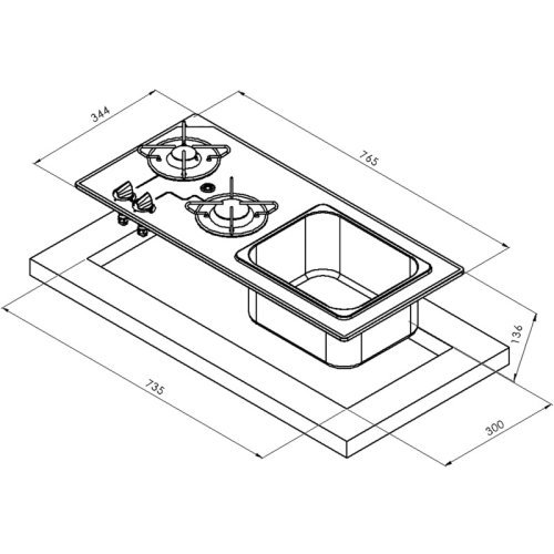 Hob/sink combination - 2-burner with safety glass