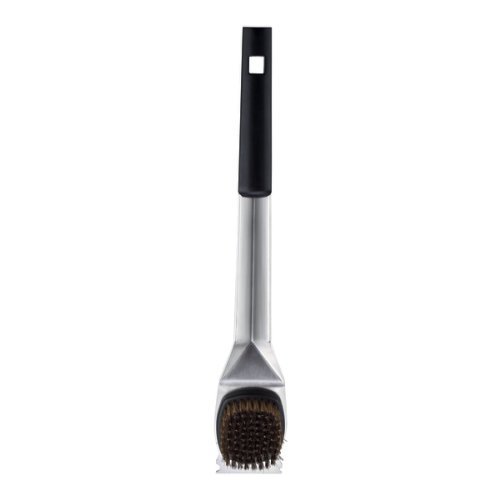 Stainless steel grill brush with integrated bottle opener