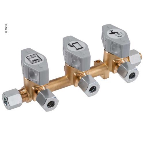 3-way quick shut-off valve for 10mm inlet and 8mm outlets