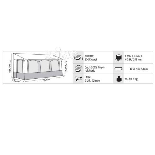 Casa Royal S 390, D230 x W390 x H235-255cm, steel frame